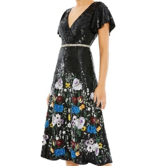 Mac Duggal Black Floral Embellished V Neck Flutter Sleeve Dress - Picture 1 of 3
